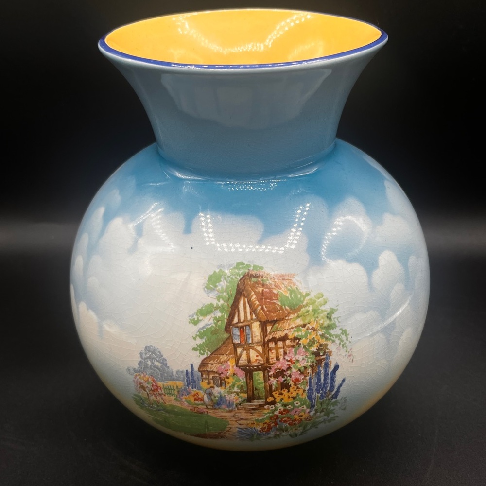 1920's or 30's  Falcon Ware Farm House Cottage Vintage Vase in Blues With Clouds